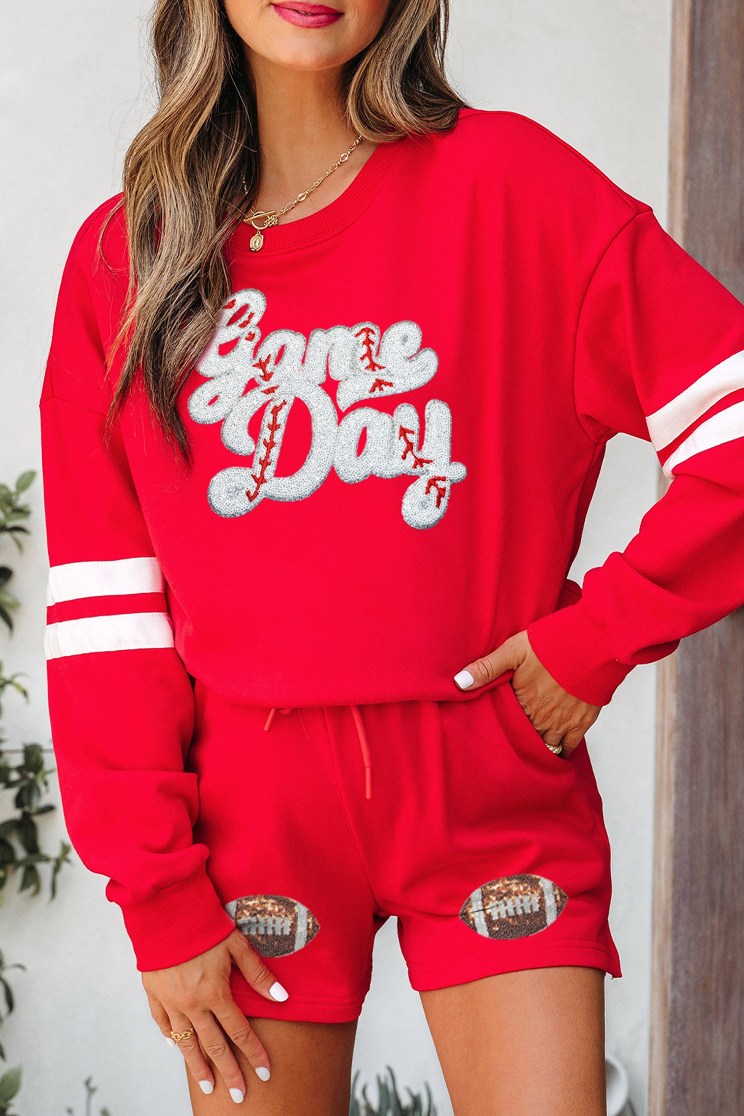 Fiery Red Glitter Game Day Slogan Football Patch Varsity Graphic Two Piece Set - Aaria Tees Aaria Tees