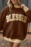 Coffee Polka Dot Trim High Neck BLESSED Letter Graphic Baggy Sweatshirt Aaria Tees