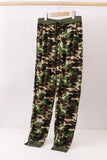 Camouflage pants on a hanger against a white background Aaria Tees