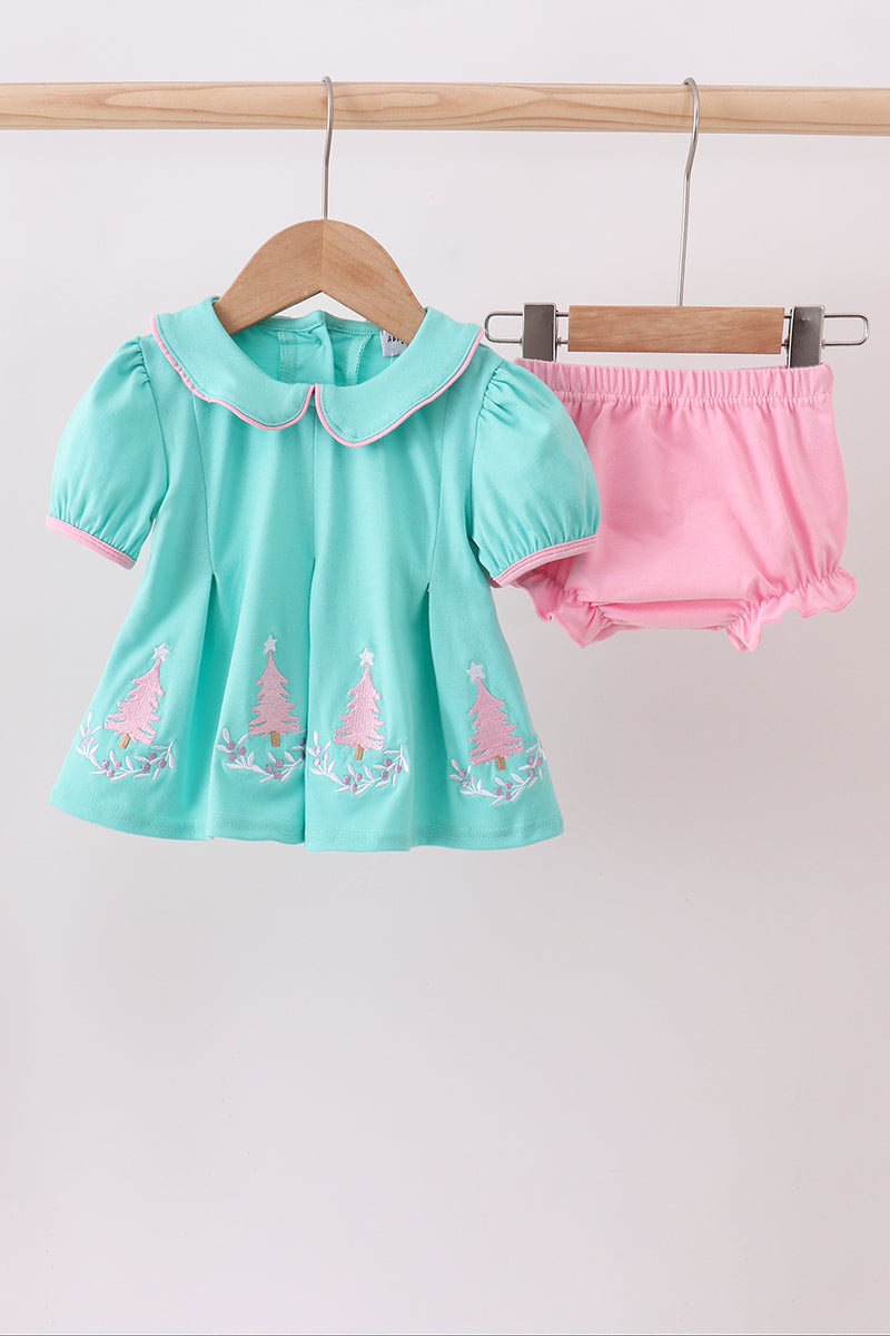 Green christmas tree embroidery bloomer  set - Aaria Tees