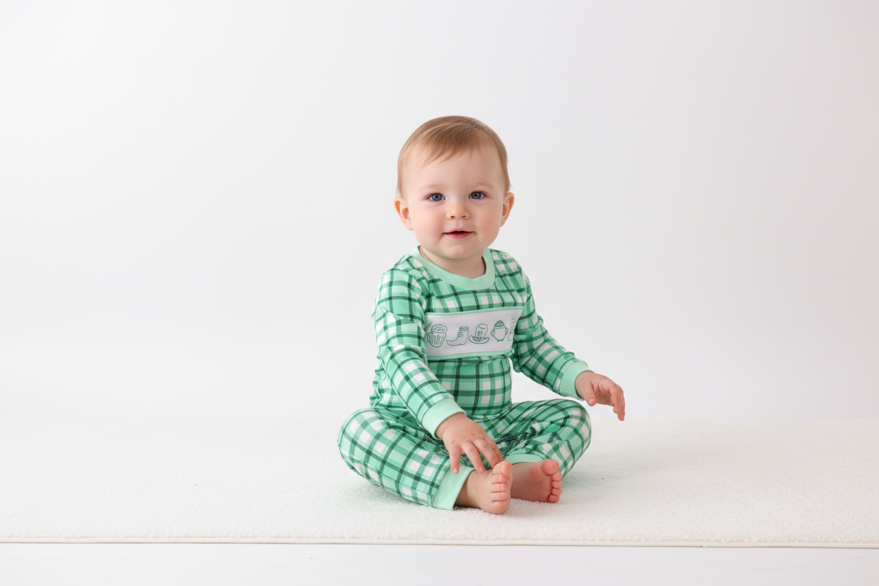 Green parade embroidery gingham romper - Aaria Tees Aaria Tees