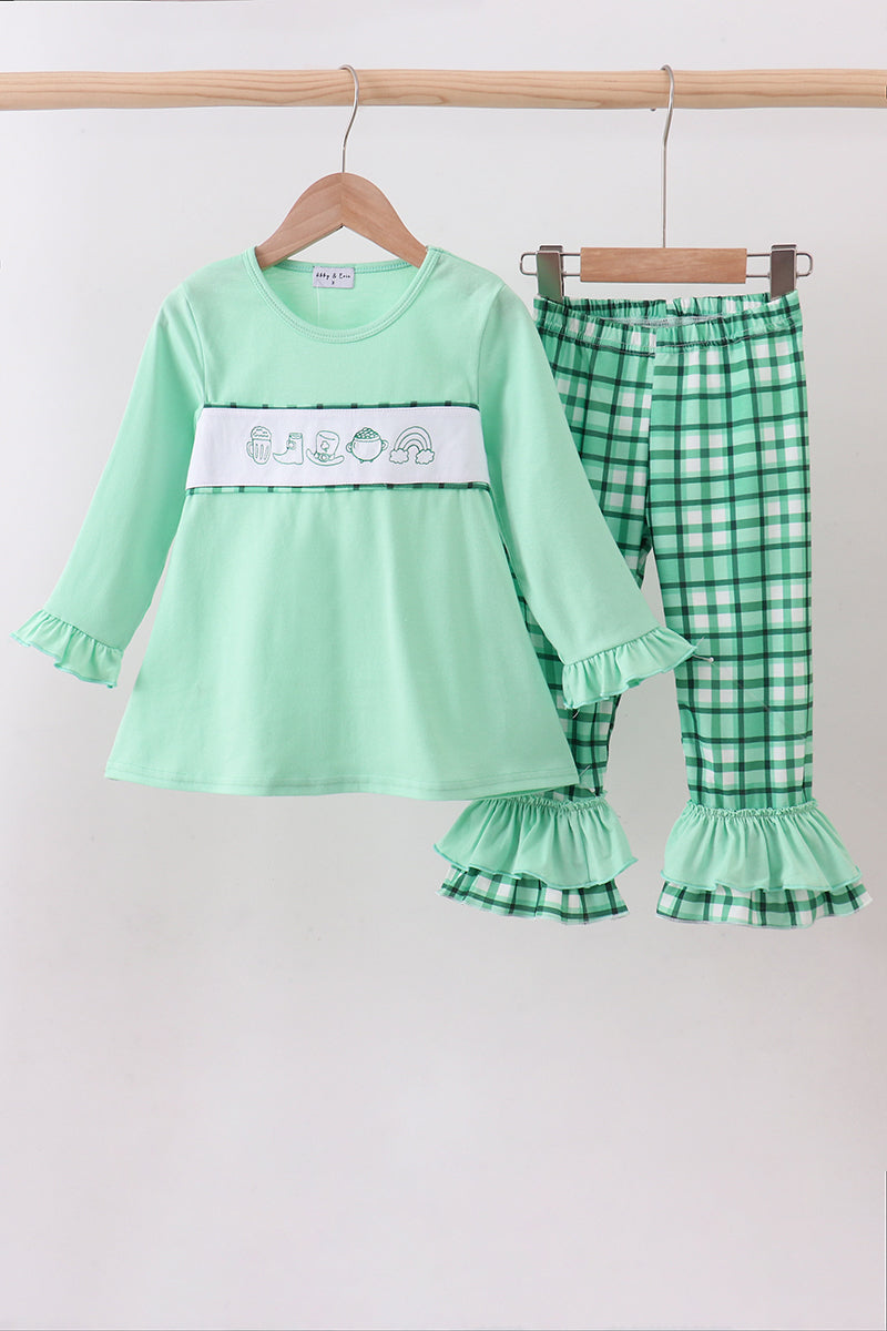 Green parade embroidery ruffle gingham pants set - Aaria Tees Aaria Tees