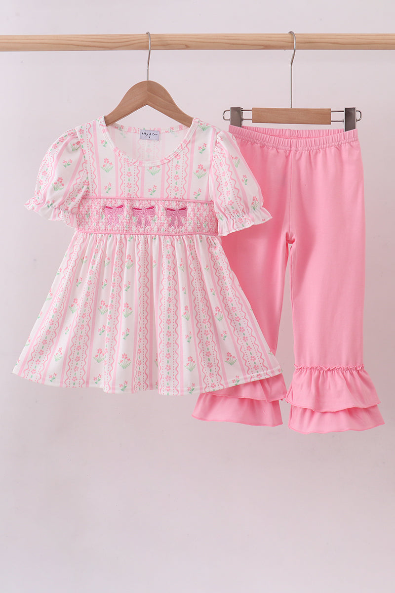 Pink floral bow smocked ruffle pants set - Aaria Tees Aaria Tees