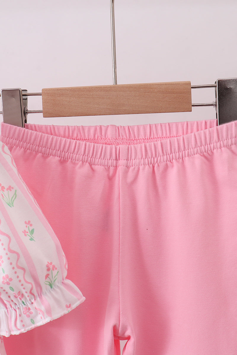 Pink floral bow smocked ruffle pants set - Aaria Tees Aaria Tees
