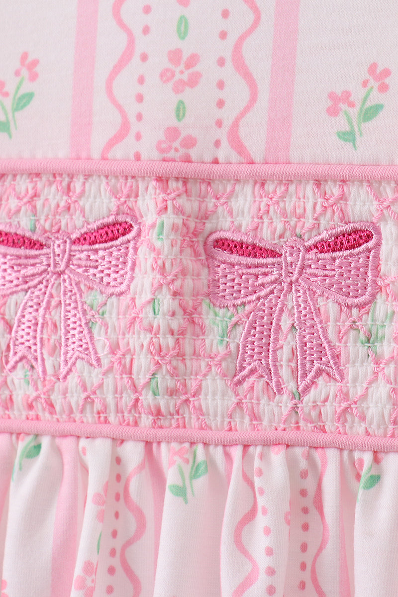 Pink floral bow smocked ruffle pants set - Aaria Tees Aaria Tees