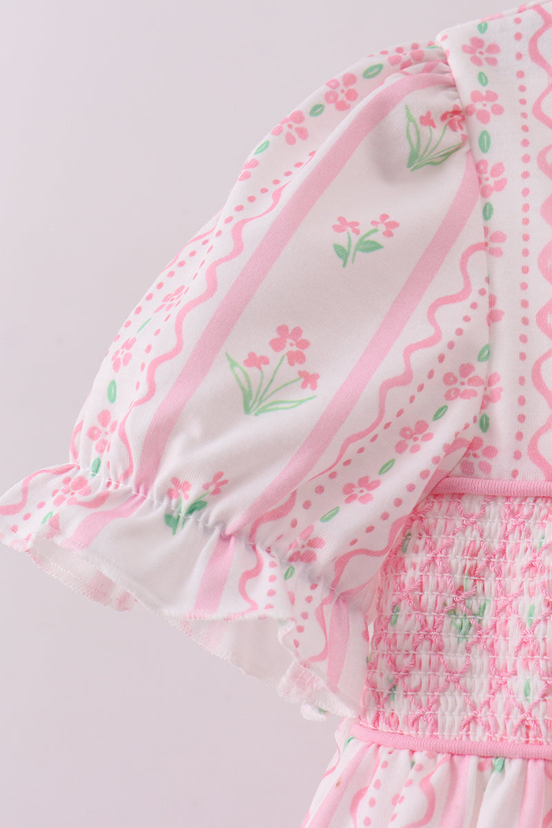 Pink floral bow smocked ruffle pants set - Aaria Tees Aaria Tees
