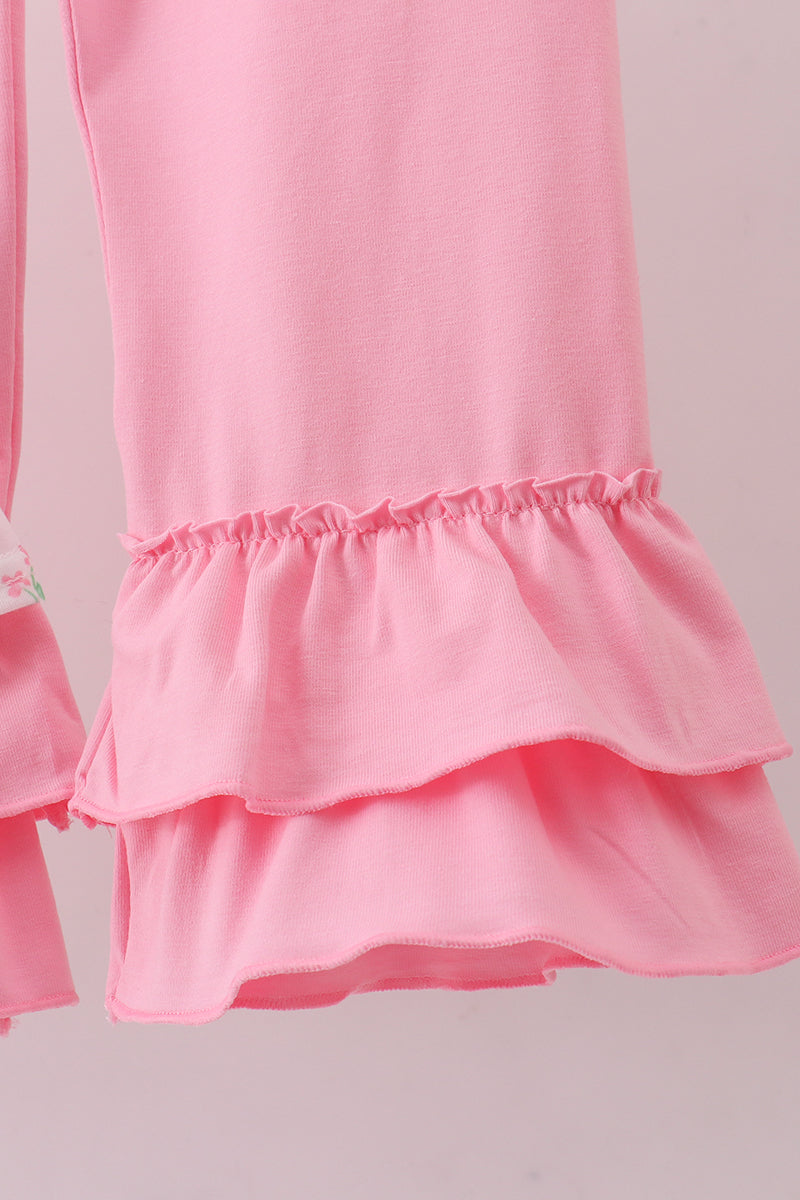 Pink floral bow smocked ruffle pants set - Aaria Tees Aaria Tees