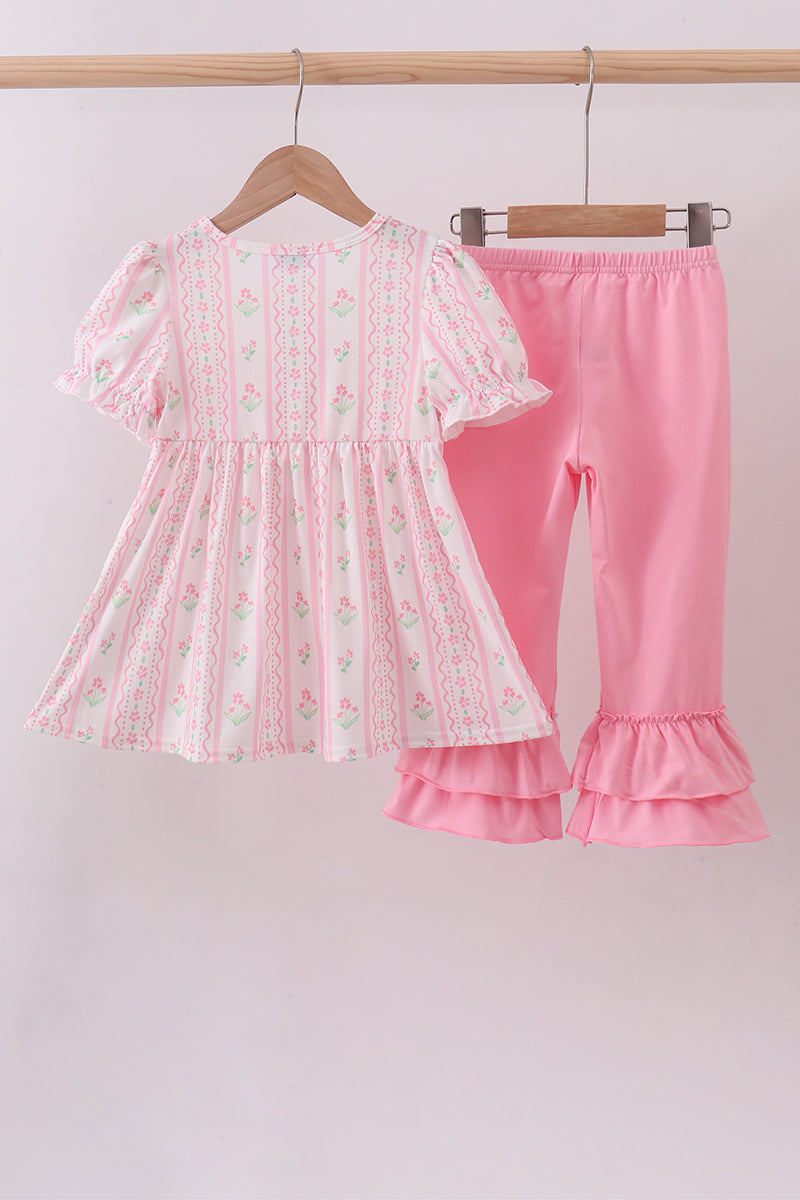Pink floral bow smocked ruffle pants set - Aaria Tees Aaria Tees