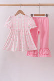 Pink floral bow smocked ruffle pants set - Aaria Tees Aaria Tees