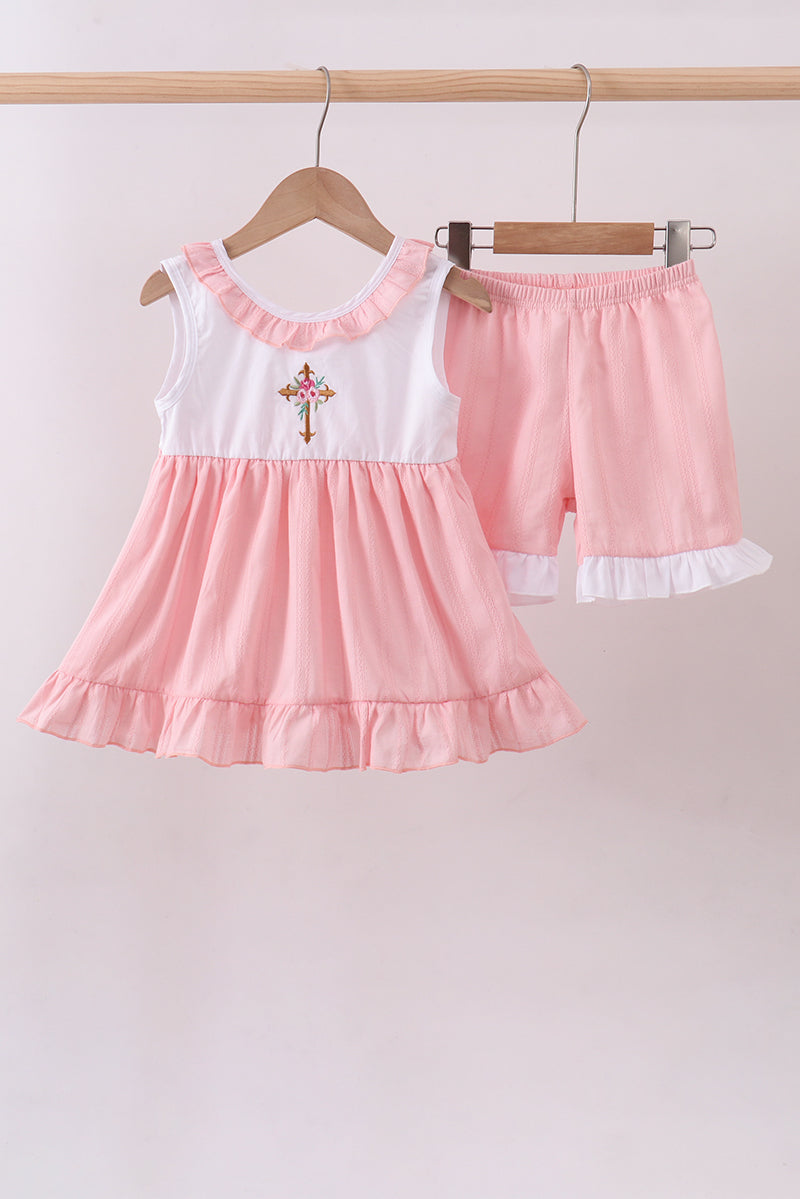 Pink cross jacquard embroidery shorts set - Aaria Tees