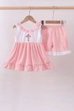 Pink cross jacquard embroidery shorts set - Aaria Tees Aaria Tees