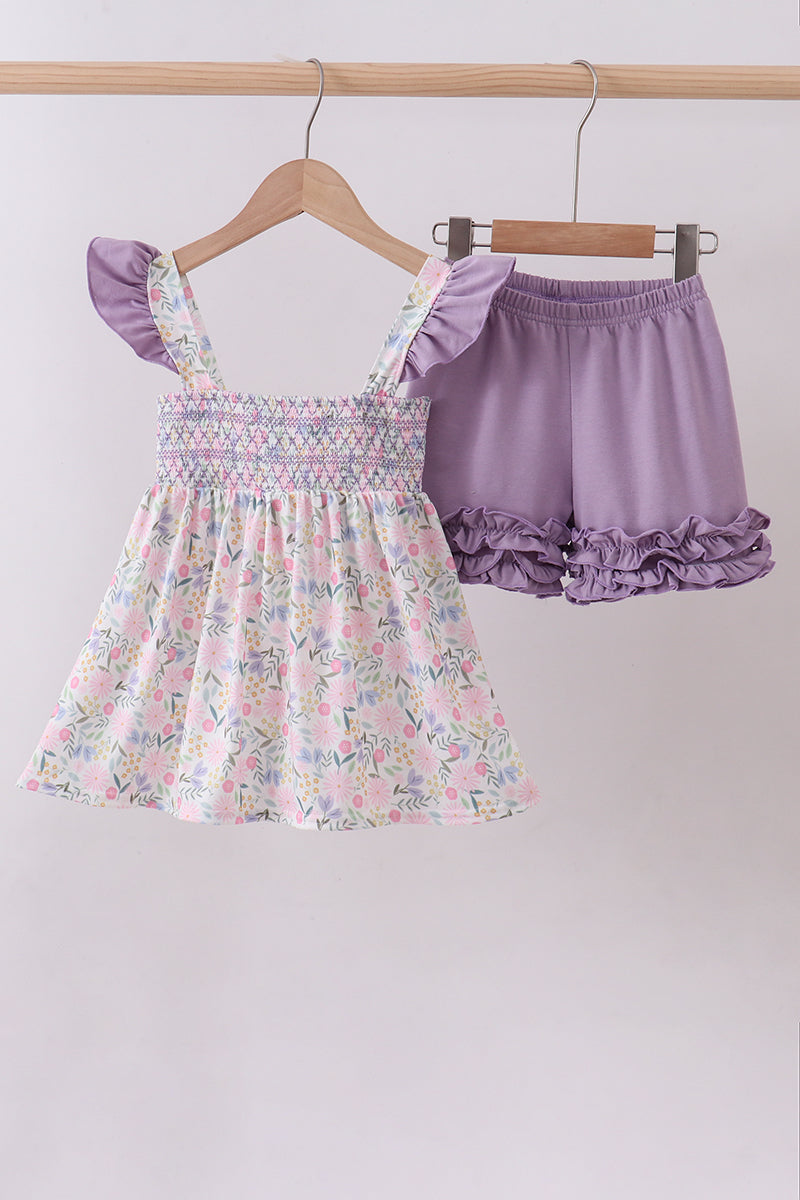 Purple floral smocked ruffle shorts set - Aaria Tees