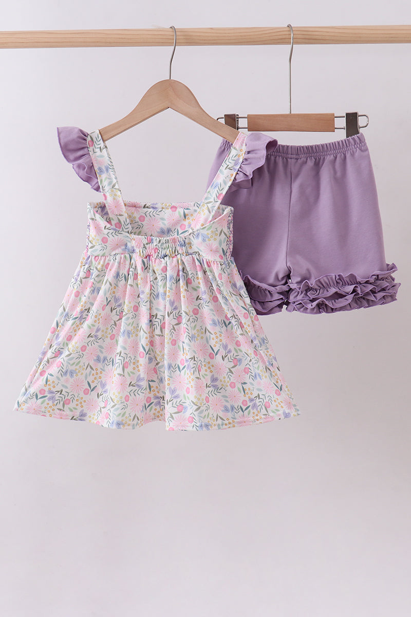 Purple floral smocked ruffle shorts set - Aaria Tees Aaria Tees