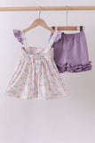 Purple floral smocked ruffle shorts set - Aaria Tees Aaria Tees