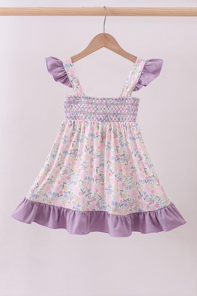 Purple floral smocked ruffle dress - Aaria Tees