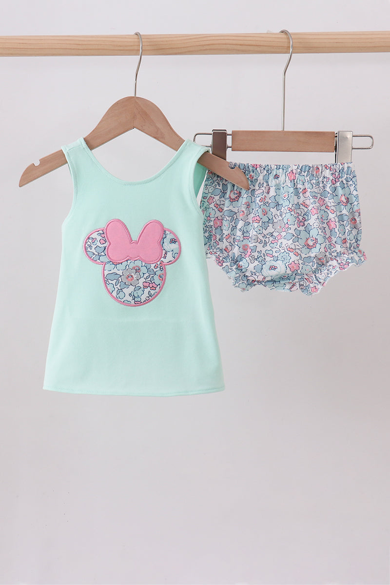 Mint floral character applique bloomer set - Aaria Tees