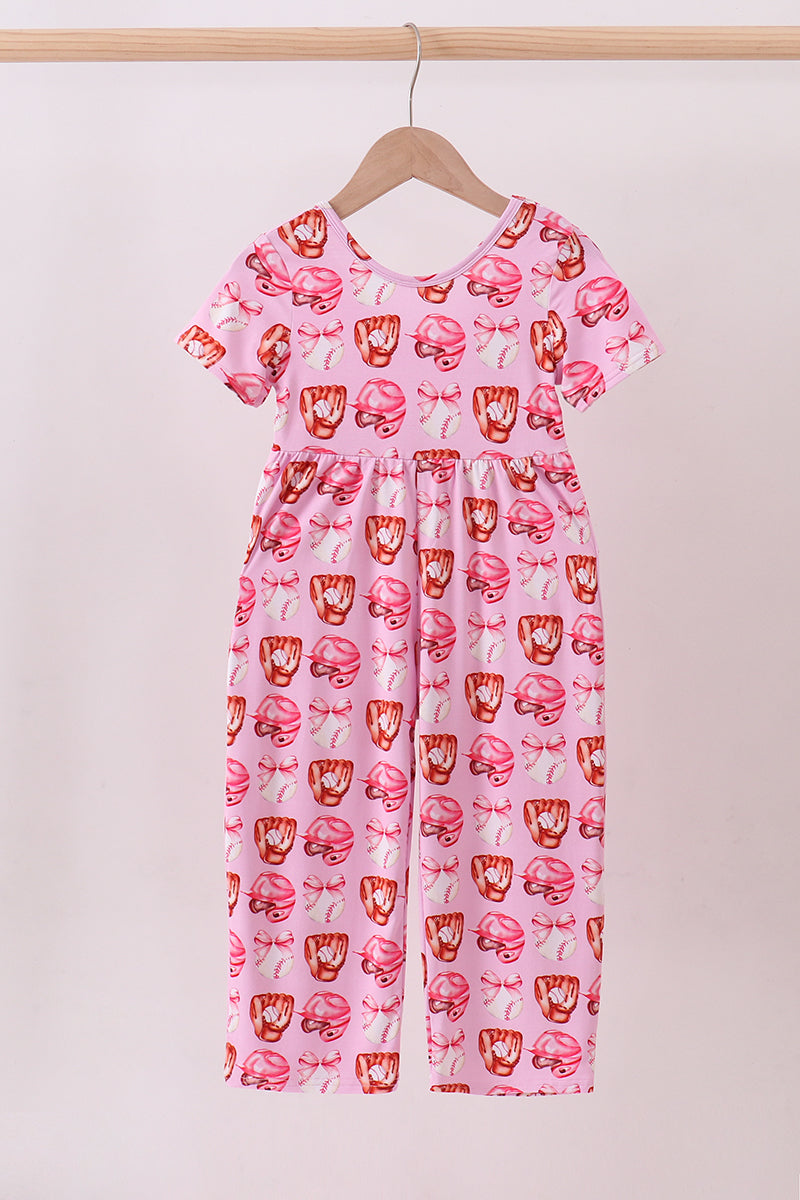 Pink bow baseball bamboo jumpsuit - Aaria Tees Aaria Tees