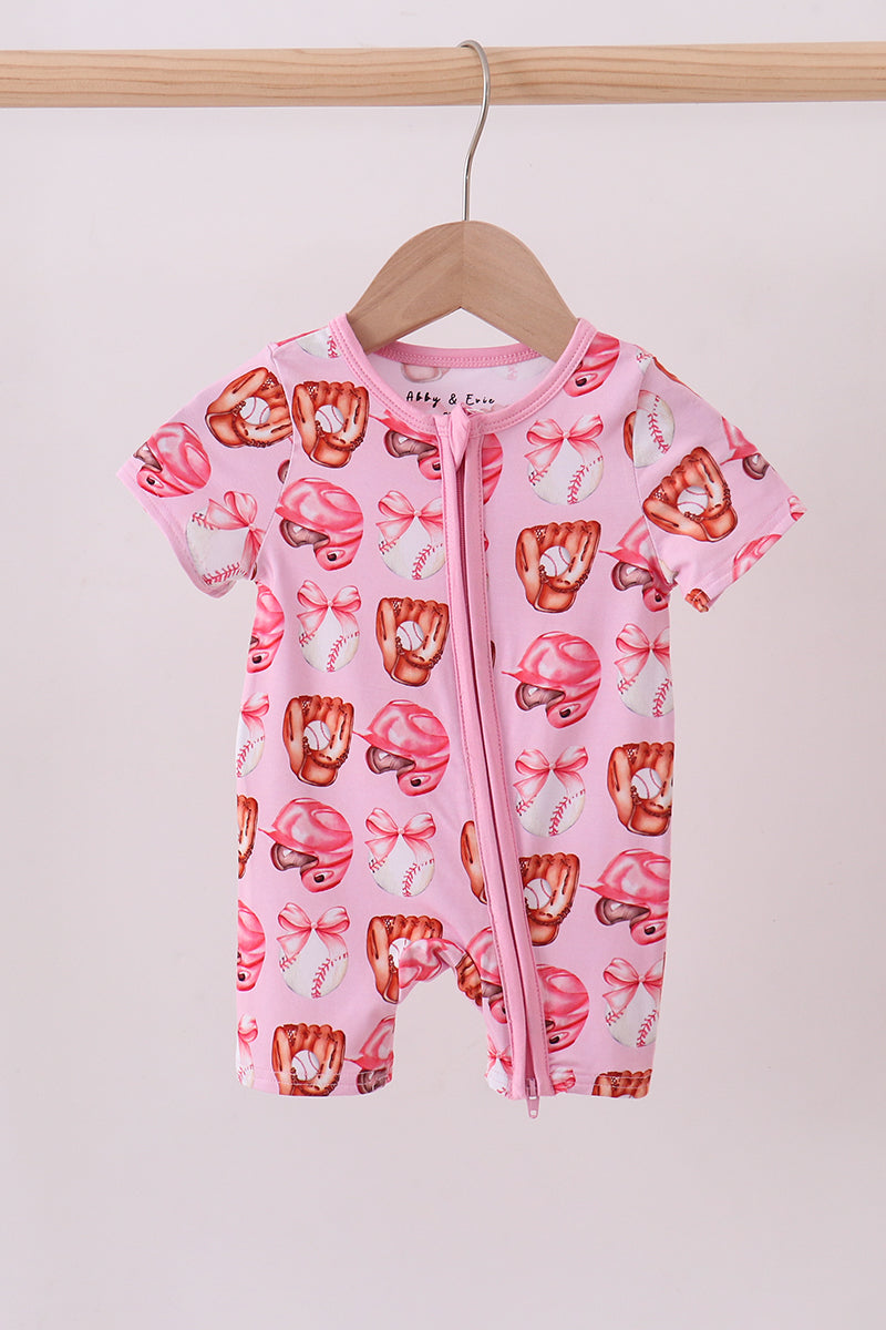 Pink bow baseball bamboo romper - Aaria Tees Aaria Tees