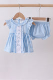 Blue cross bow embroidery ruffle gingham bloomer set - Aaria Tees Aaria Tees