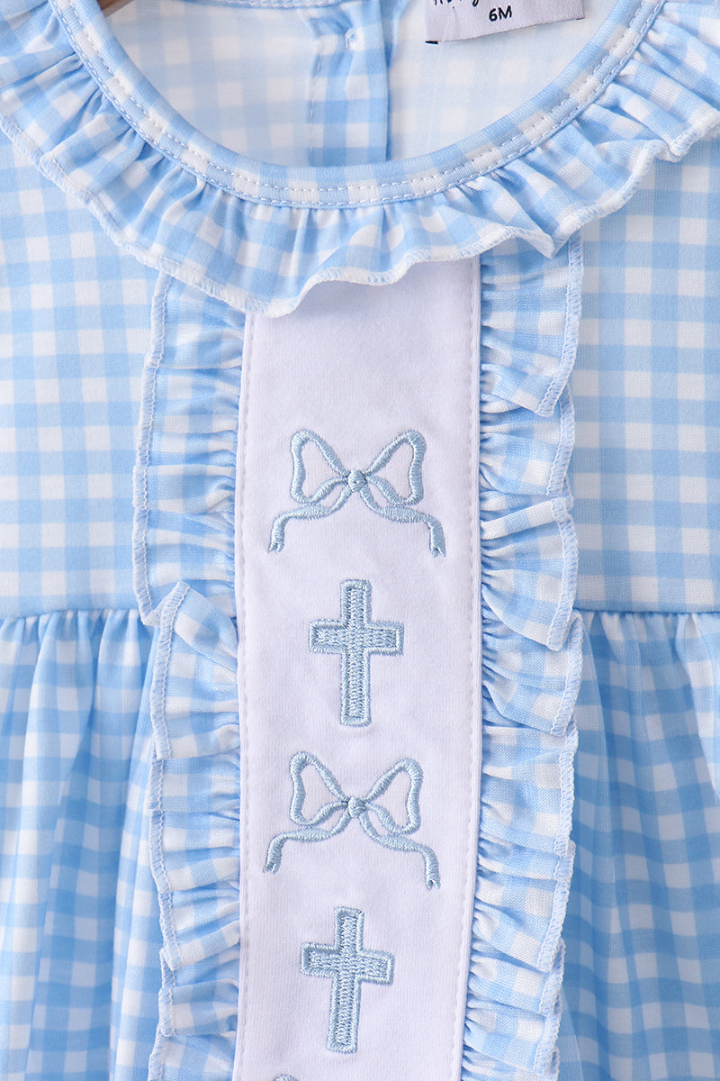 Blue cross bow embroidery ruffle gingham bloomer set - Aaria Tees Aaria Tees
