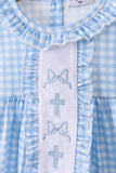 Blue cross bow embroidery ruffle gingham bloomer set - Aaria Tees Aaria Tees