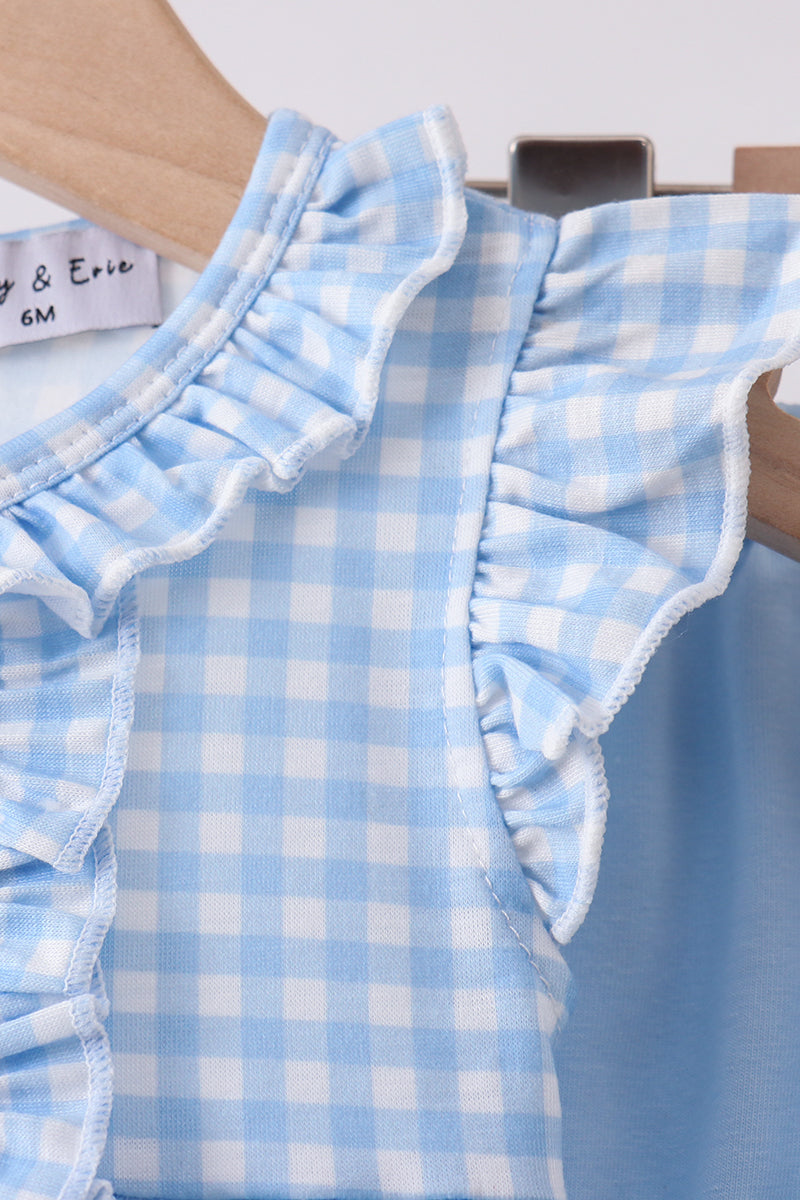 Blue cross bow embroidery ruffle gingham bloomer set - Aaria Tees Aaria Tees