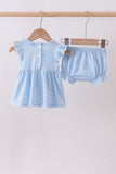 Blue cross bow embroidery ruffle gingham bloomer set - Aaria Tees Aaria Tees
