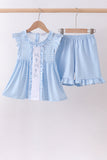 Blue cross bow embroidery ruffle gingham shorts set - Aaria Tees Aaria Tees