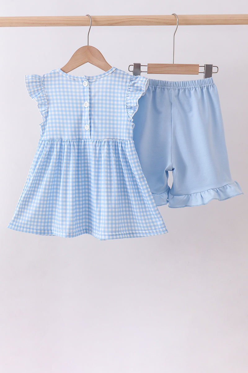Blue cross bow embroidery ruffle gingham shorts set - Aaria Tees Aaria Tees