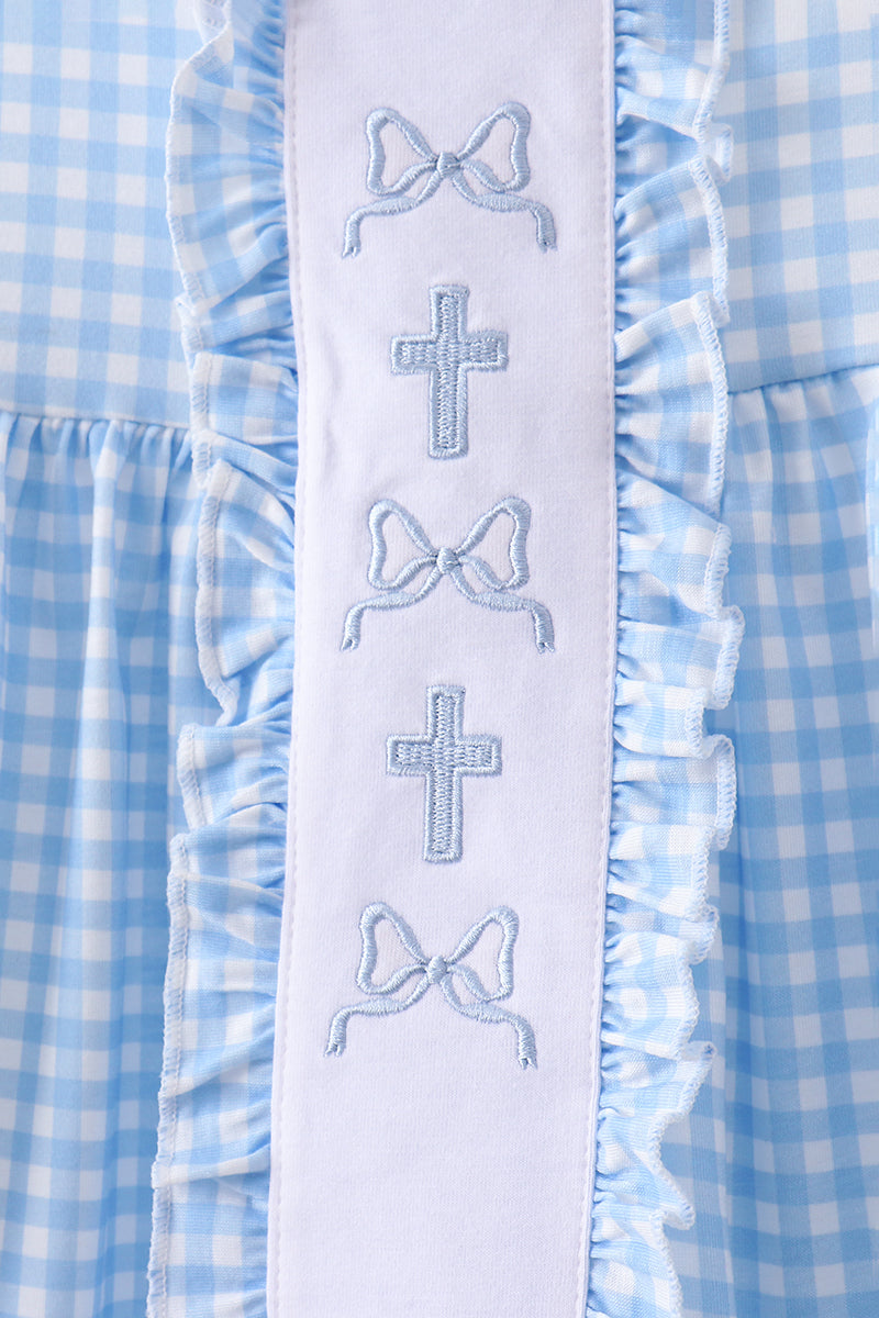 Blue cross bow embroidery ruffle gingham shorts set - Aaria Tees Aaria Tees