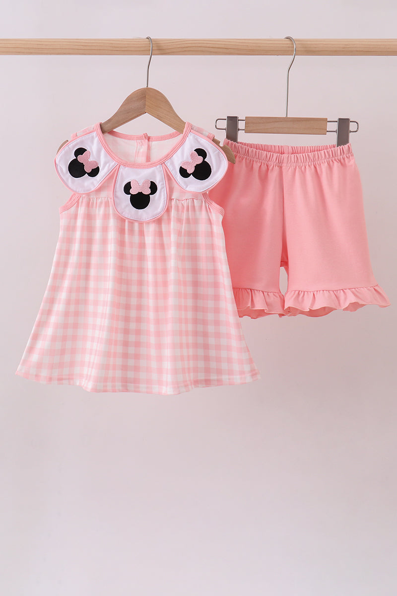 Pink character embroidery gingham bubble - Aaria Tees Aaria Tees