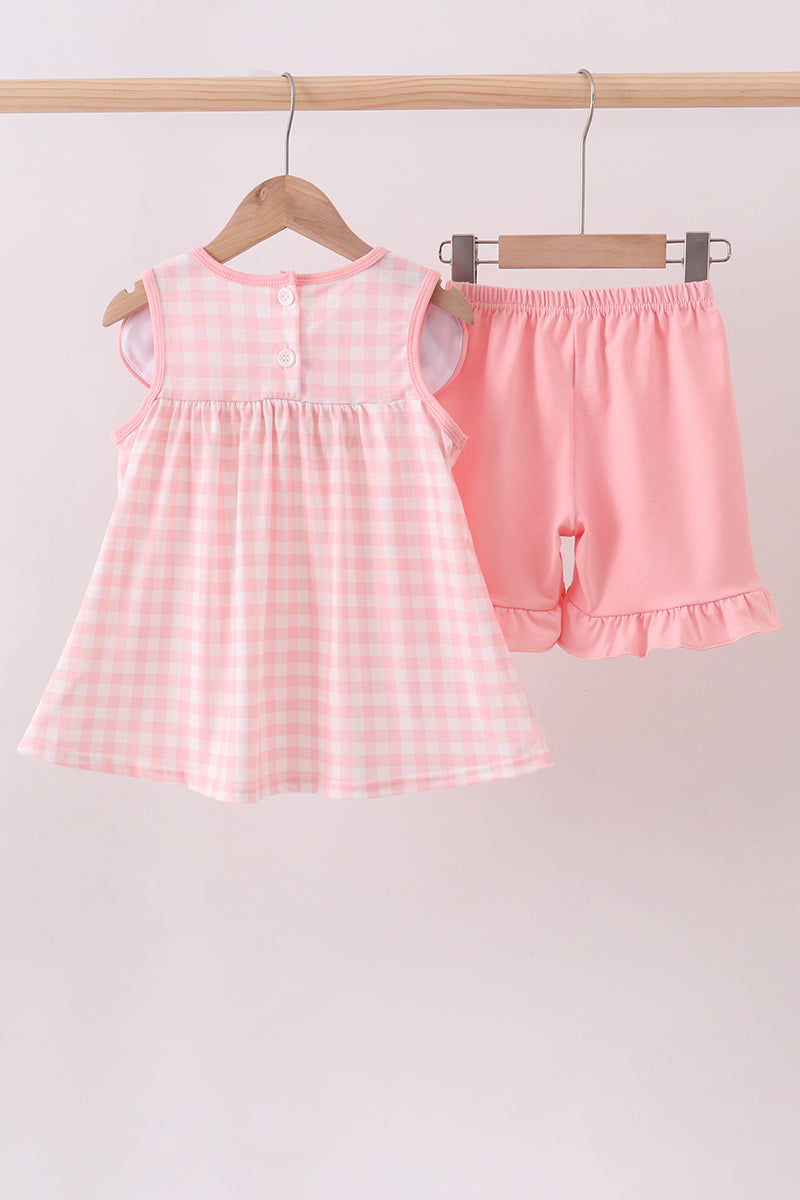 Pink character embroidery gingham bubble - Aaria Tees Aaria Tees
