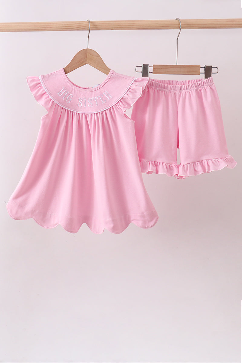 Pink big sister embroidery ruffle shorts set - Aaria Tees