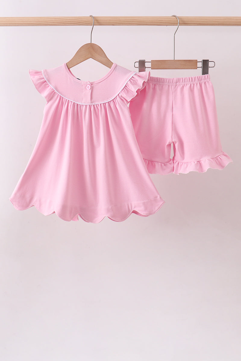 Pink big sister embroidery ruffle shorts set - Aaria Tees Aaria Tees