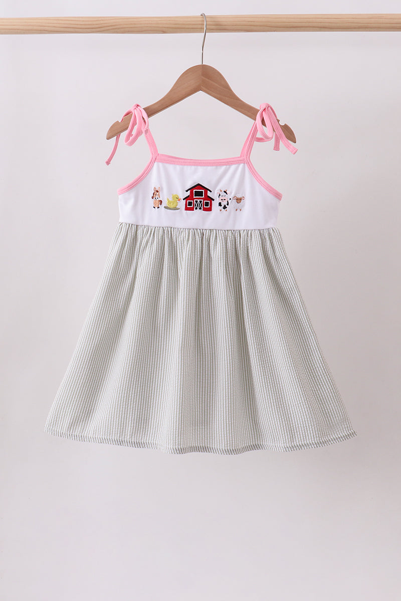 Pink seersucker farm animals embroidery ruffle dress - Aaria Tees