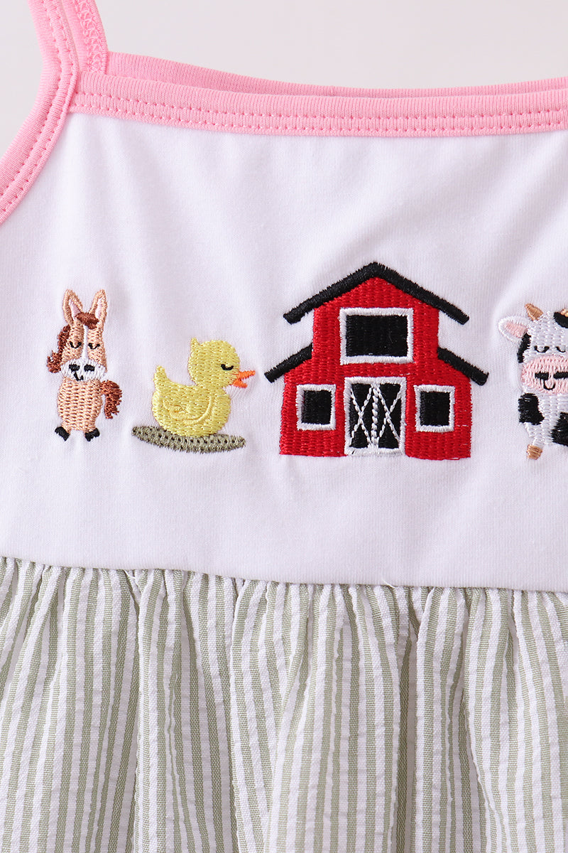 Pink seersucker farm animals embroidery ruffle dress - Aaria Tees Aaria Tees
