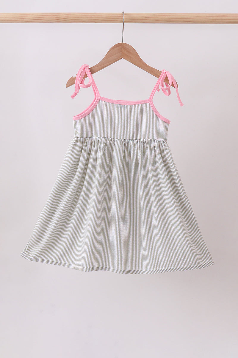 Pink seersucker farm animals embroidery ruffle dress - Aaria Tees Aaria Tees