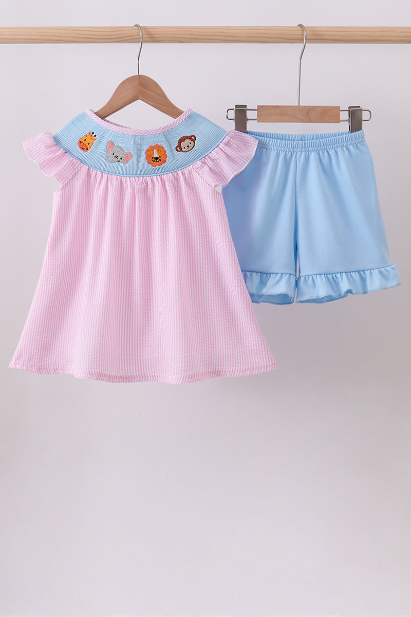Pink seersucker animal smocked ruffle shorts set - Aaria Tees Aaria Tees