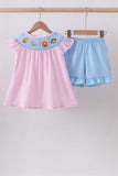 Pink seersucker animal smocked ruffle shorts set - Aaria Tees Aaria Tees