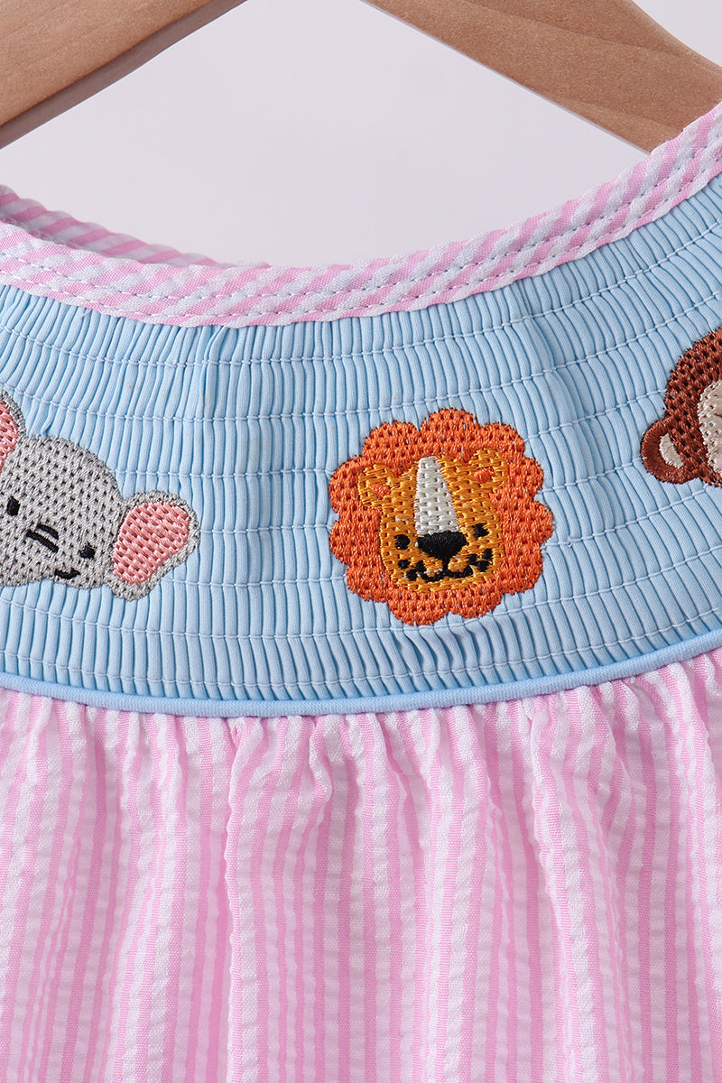 Pink seersucker animal smocked ruffle shorts set - Aaria Tees Aaria Tees