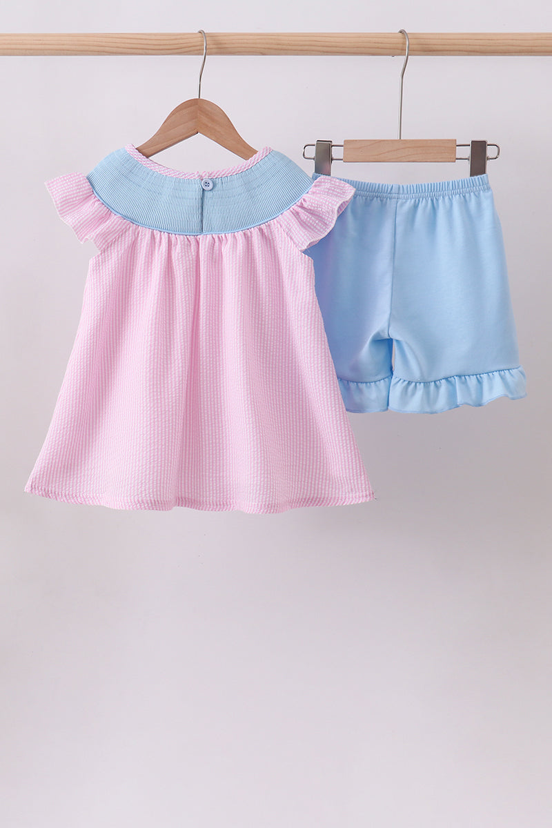 Pink seersucker animal smocked ruffle shorts set - Aaria Tees Aaria Tees