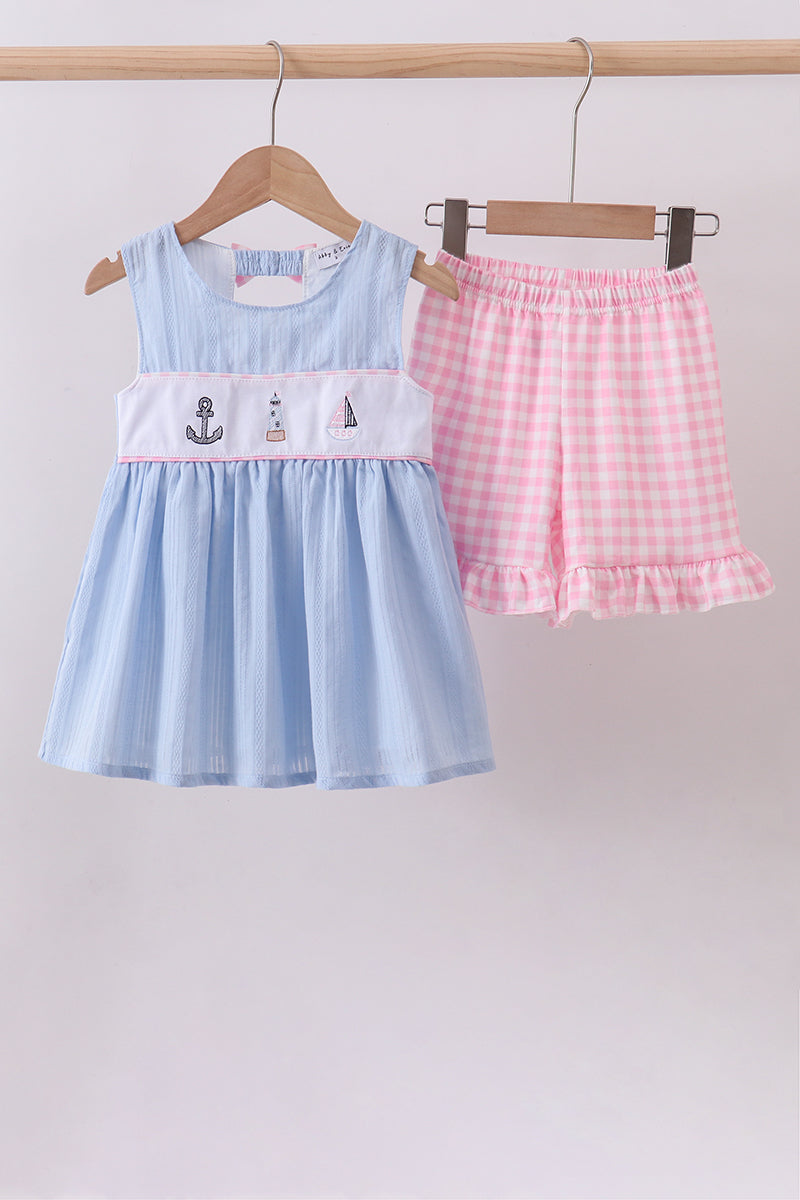 Blue sailboat embroidery jacquard shorts set - Aaria Tees