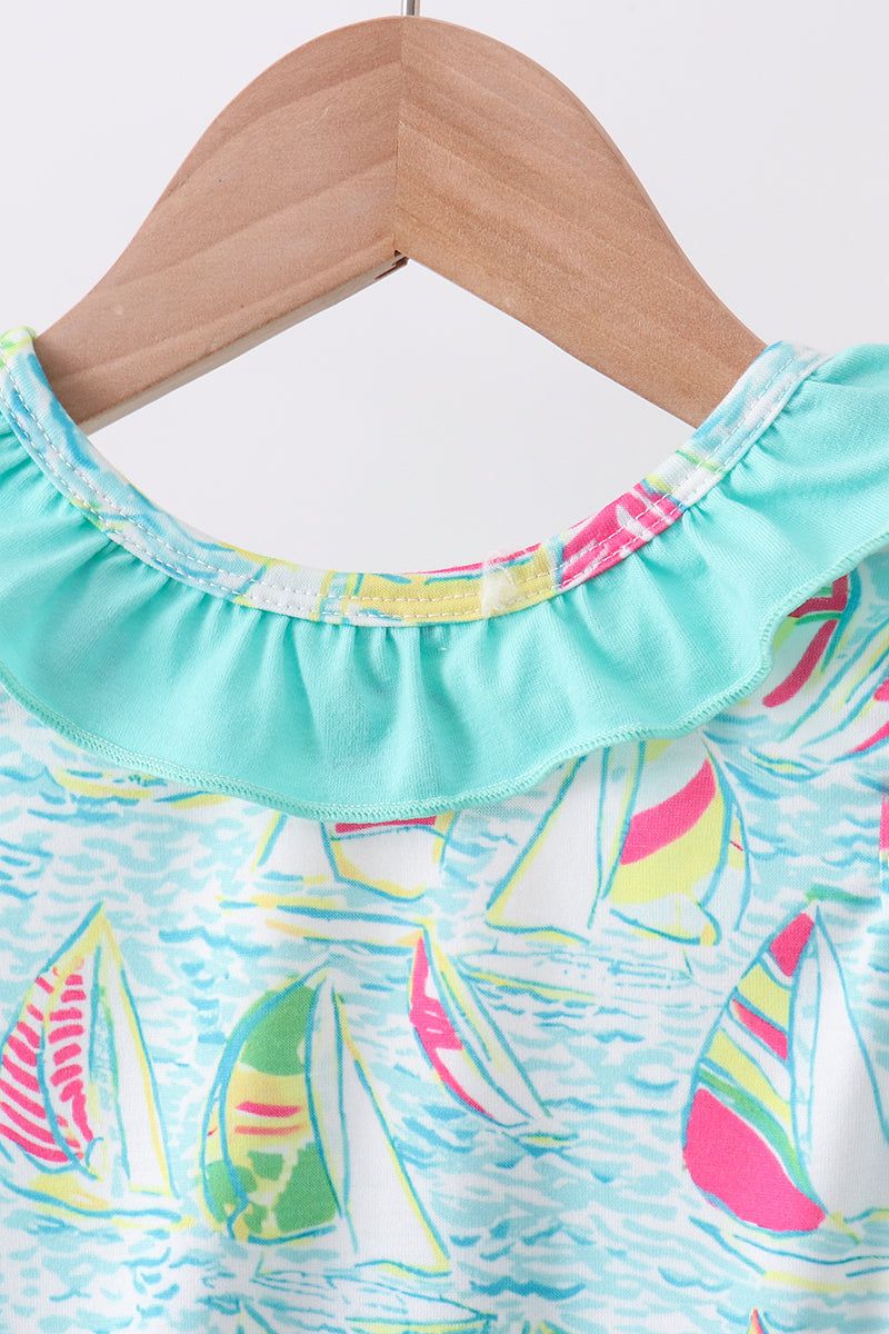 Blue sailboat print ruffle bubble - Aaria Tees Aaria Tees