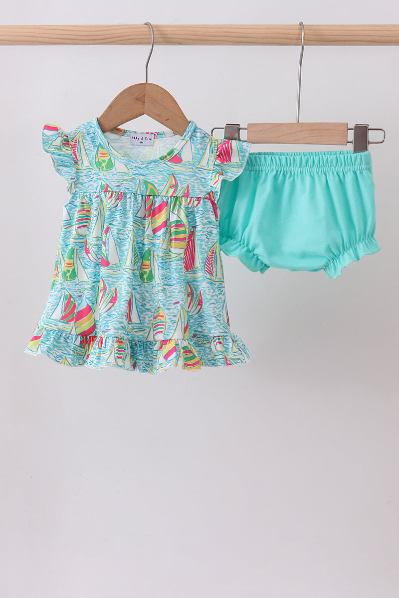 Blue sailboat print ruffle bloomer set - Aaria Tees