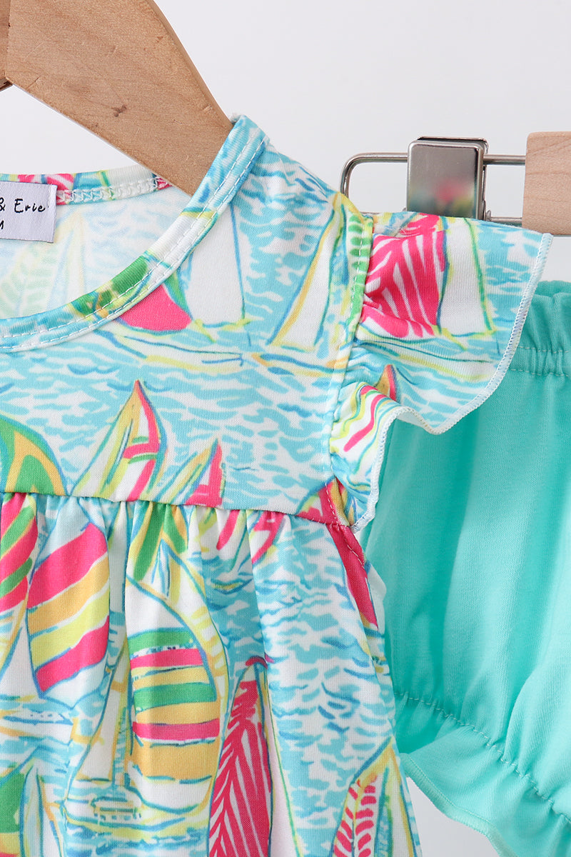 Blue sailboat print ruffle bloomer set - Aaria Tees Aaria Tees