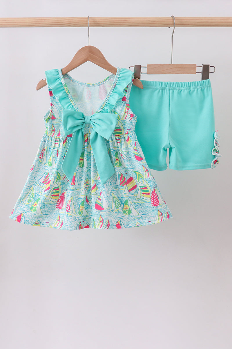 Blue sailboat print ruffle shorts set - Aaria Tees Aaria Tees