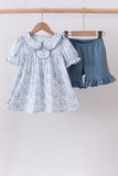 Navy bunny embroidery floral peter pan collar shorts set - Aaria Tees Aaria Tees