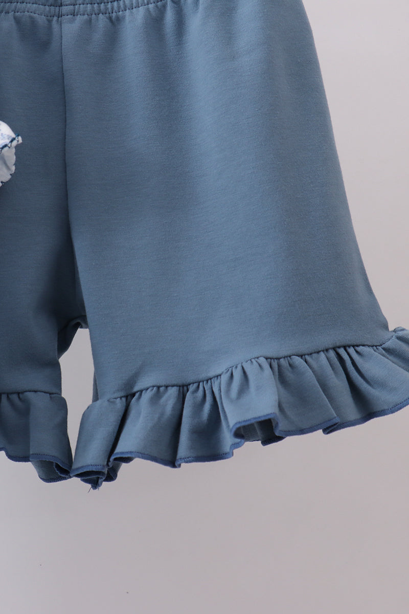 Navy bunny embroidery floral peter pan collar shorts set - Aaria Tees Aaria Tees
