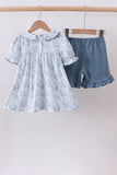 Navy bunny embroidery floral peter pan collar shorts set - Aaria Tees Aaria Tees