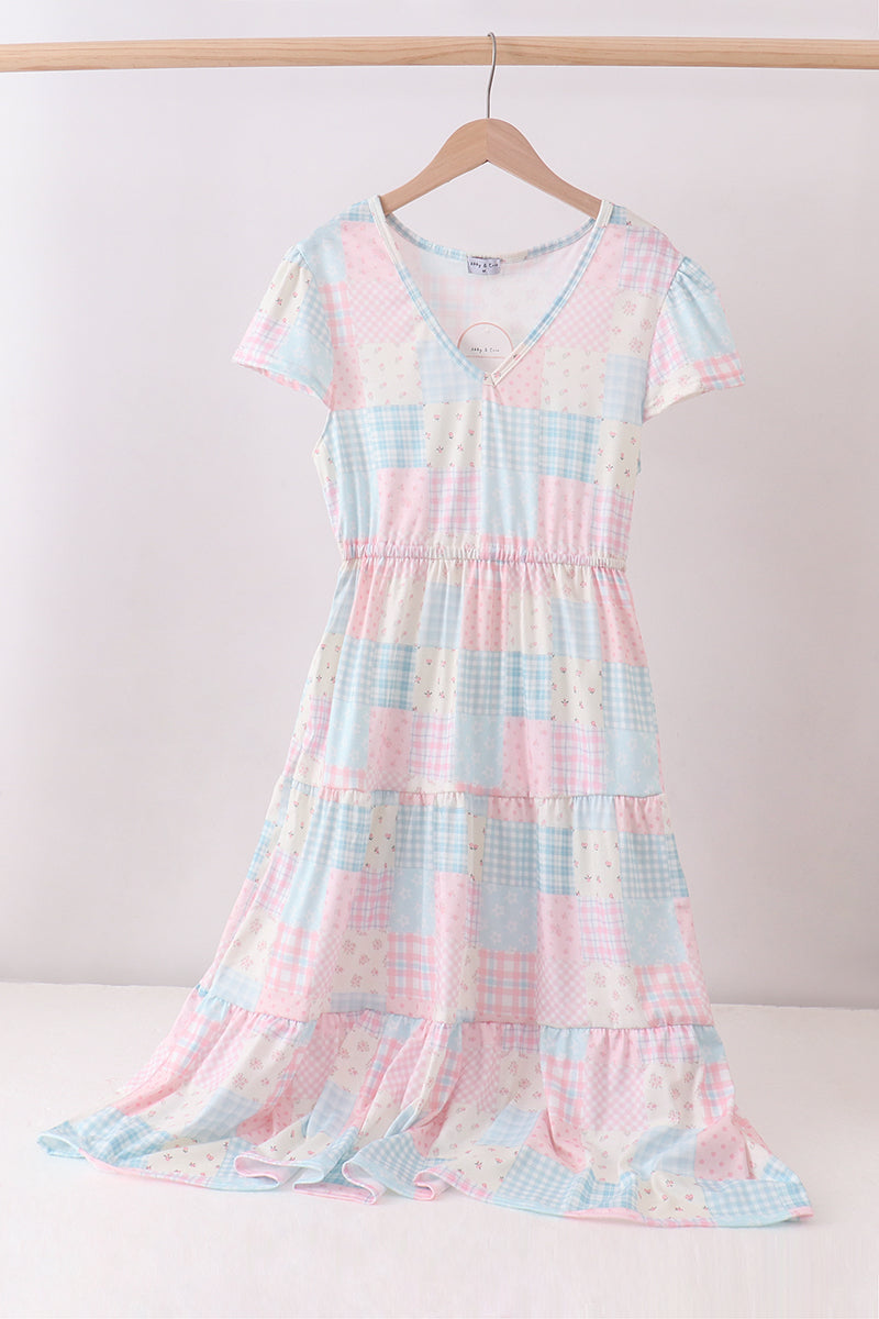 Pink patchwork floral tiered dress - Aaria Tees